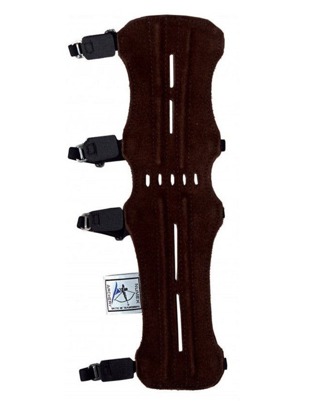 Dubbele armbeschermer boogschieten donker bruin leer 32cm