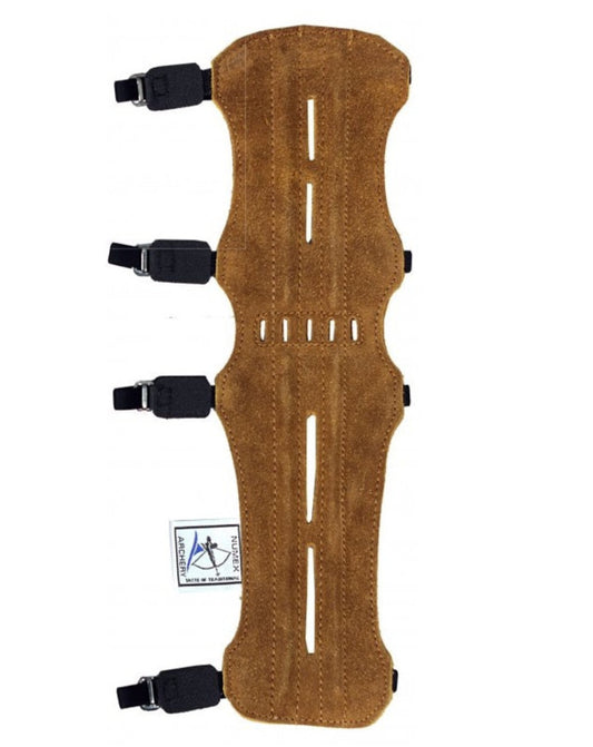Dubbele armbeschermer boogschieten honing bruin leer 32cm