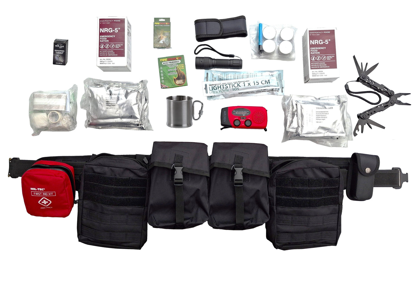 Noodpakket 72 uur survival riem compleet Medium 100 cm gewatteerde PLB belt