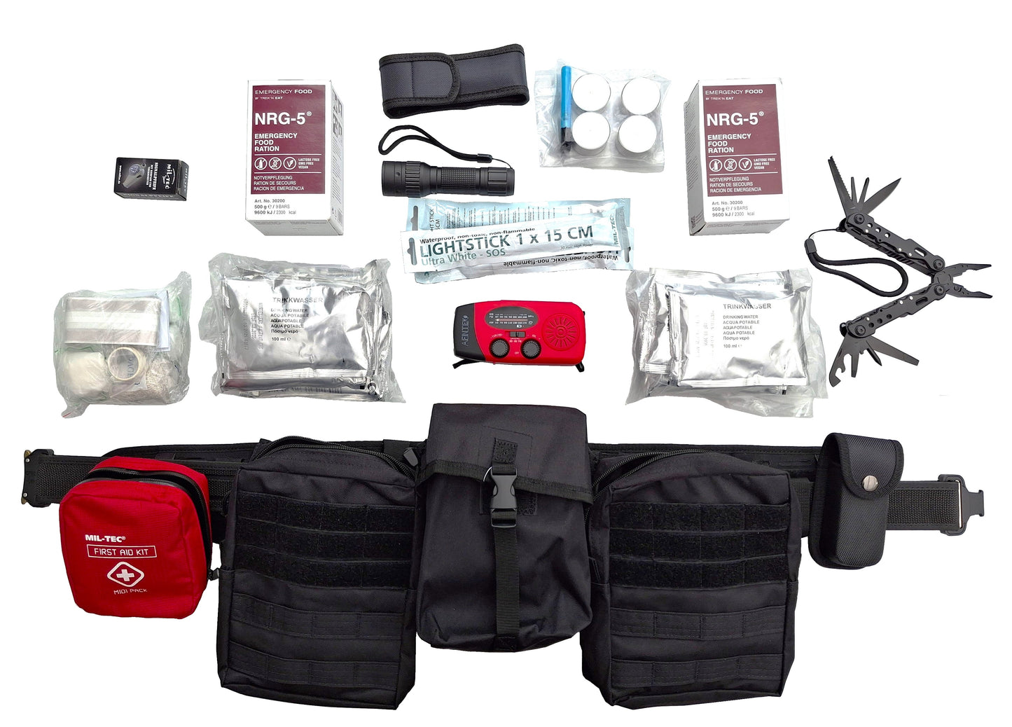 Noodpakket 72 uur survival riem compleet Small 90 cm gewatteerde PLB belt