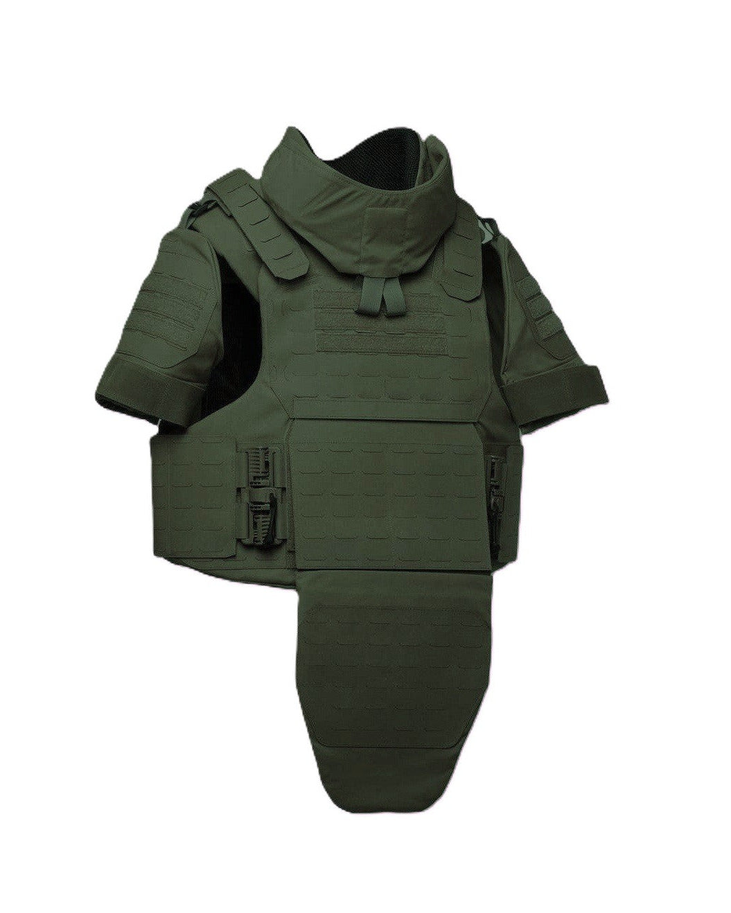 Oliv militaire scherf en kogelwerende lasercut vest 3a met extra nek,schouder, bovenarm en lies bescherming