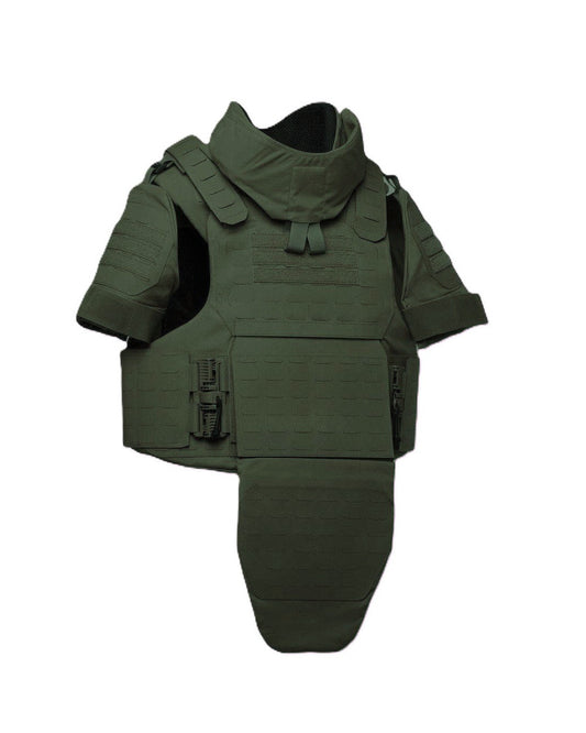 Oliv militaire scherf en kogelwerende lasercut vest 3a met extra nek,schouder, bovenarm en lies bescherming