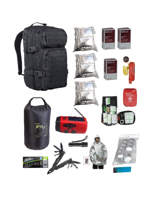 <tc>Kit d'urgence Sac à dos d'évacuation 72 heures Molle complet en noir</tc>